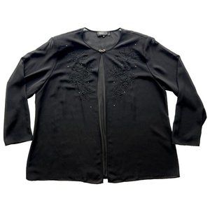 Sheer Open Front Blouse with Crystal Closure and Embroidery, Black, Plus Size 20